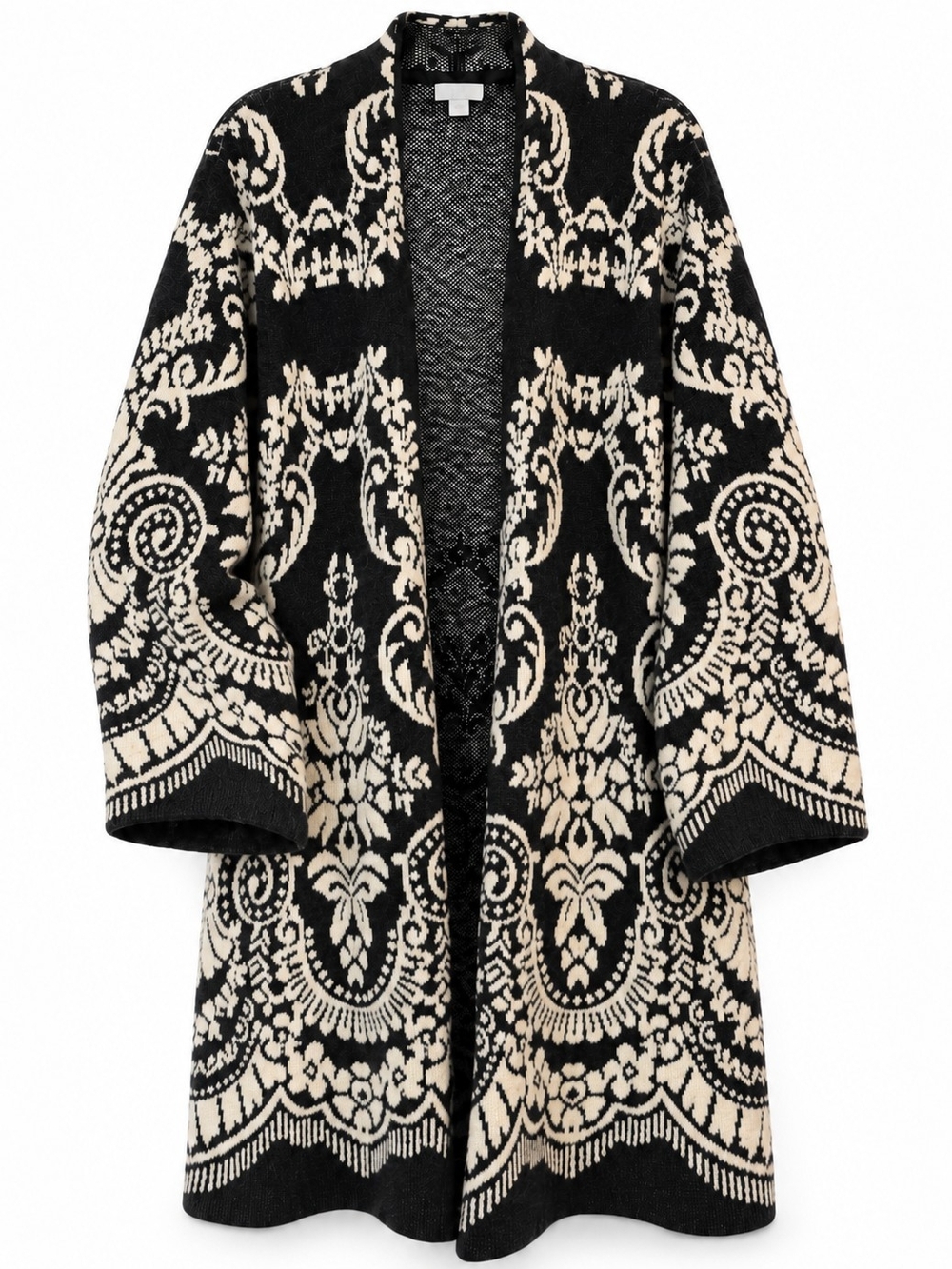 J.Jill Black Cream Paisley Jacquard Longline Open Front Cardigan Sweater M